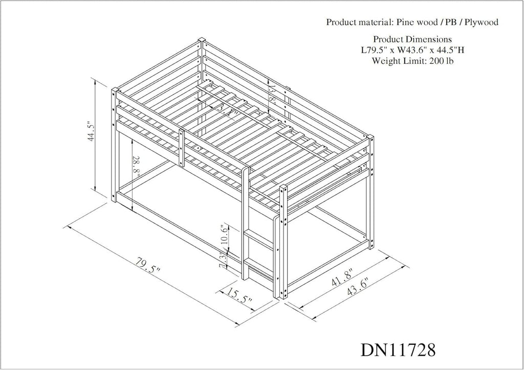 White Twin Over Twin Loft Bed Wooden Bed Frame with Safety Guardrail and Ladder B891893