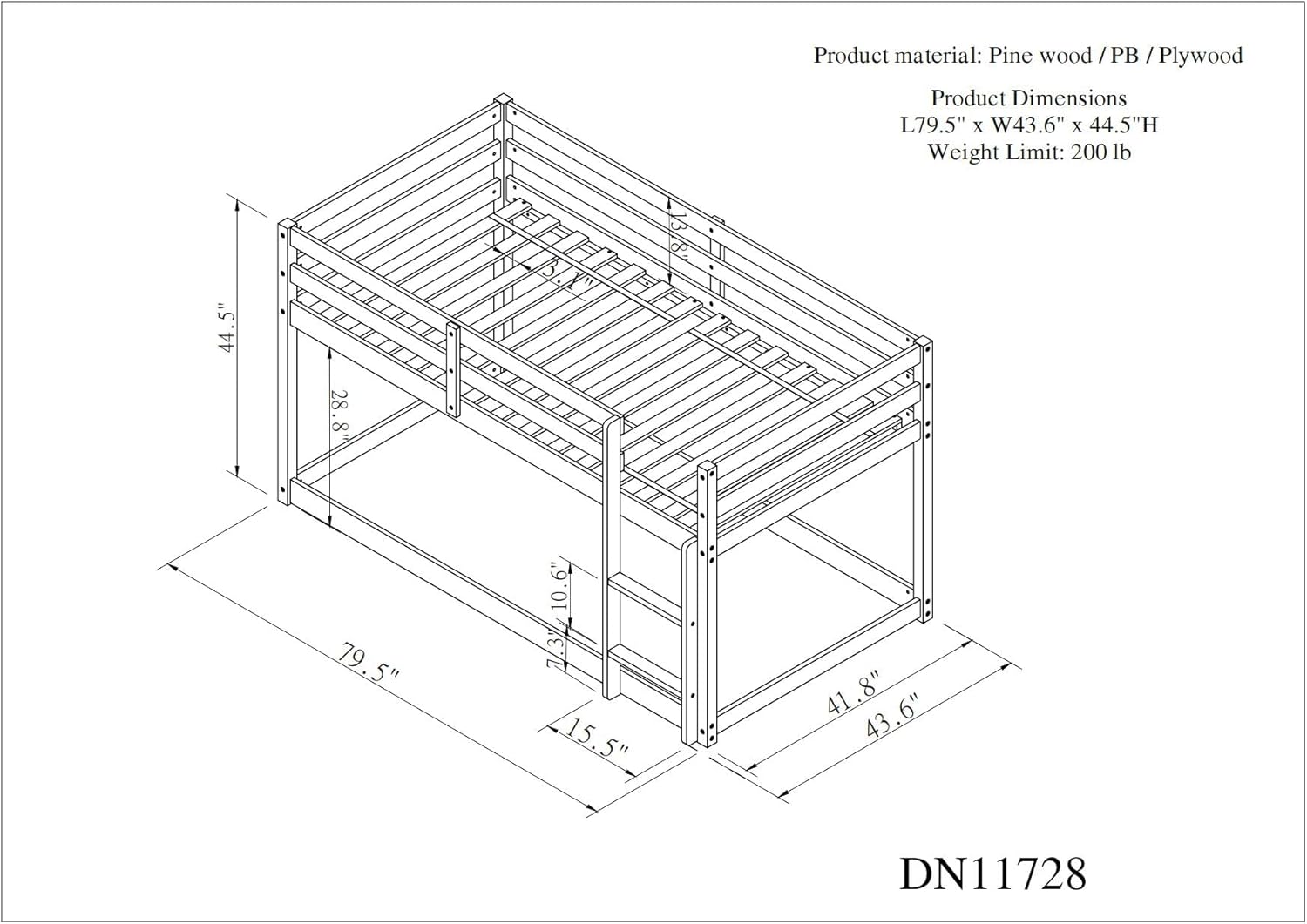 White Twin Over Twin Loft Bed Wooden Bed Frame with Safety Guardrail and Ladder B891893