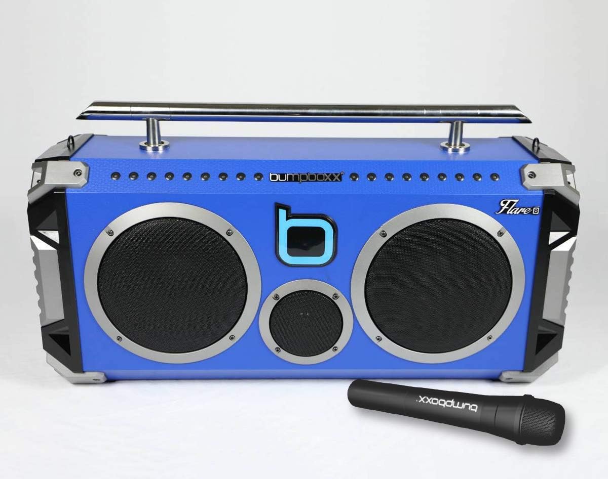 Blue Retro Bluetooth Boombox Speaker with Wireless Microphone E496
