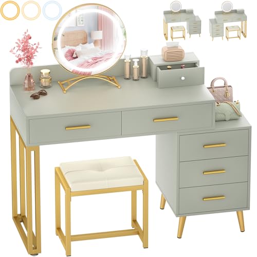 White Vanity Desk with Mirror and Lights, 6 Drawers, Cushioned Stool H69628