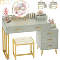 White Vanity Desk with Mirror and Lights, 6 Drawers, Cushioned Stool H69628