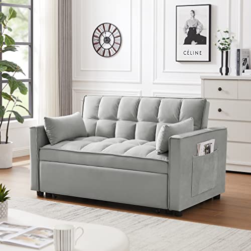 Grey Velvet 3 in 1 Convertible Sleeper Sofa with Pullout Bed H74465