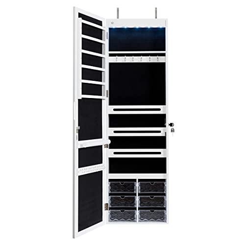 White Wall Mount Lockable Jewelry Cabinet Armoire with Full Length Mirror and 5 Lights U150870