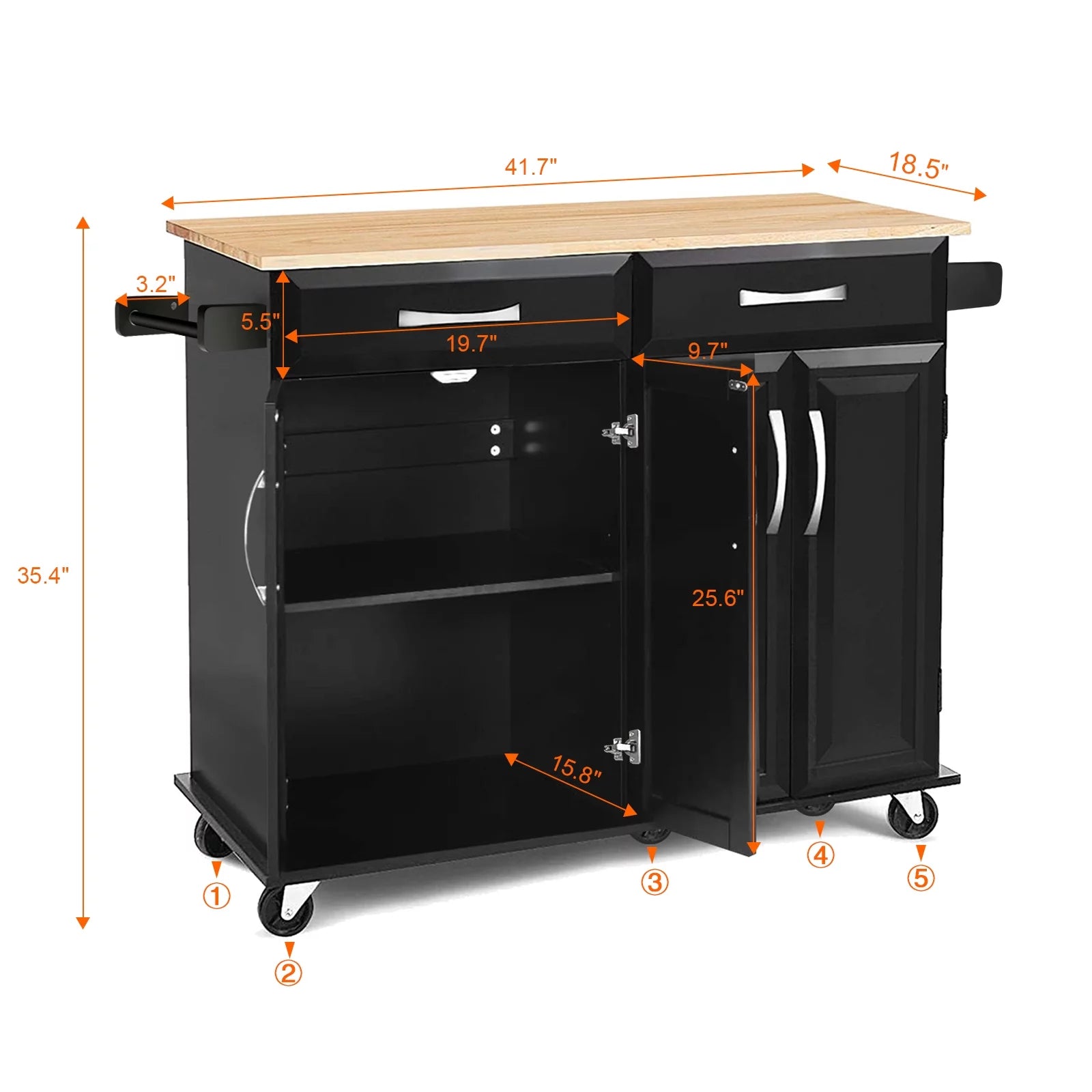 Black Rubber Wood Top Kitchen Island with Drawers and Storage Cabinet S11325