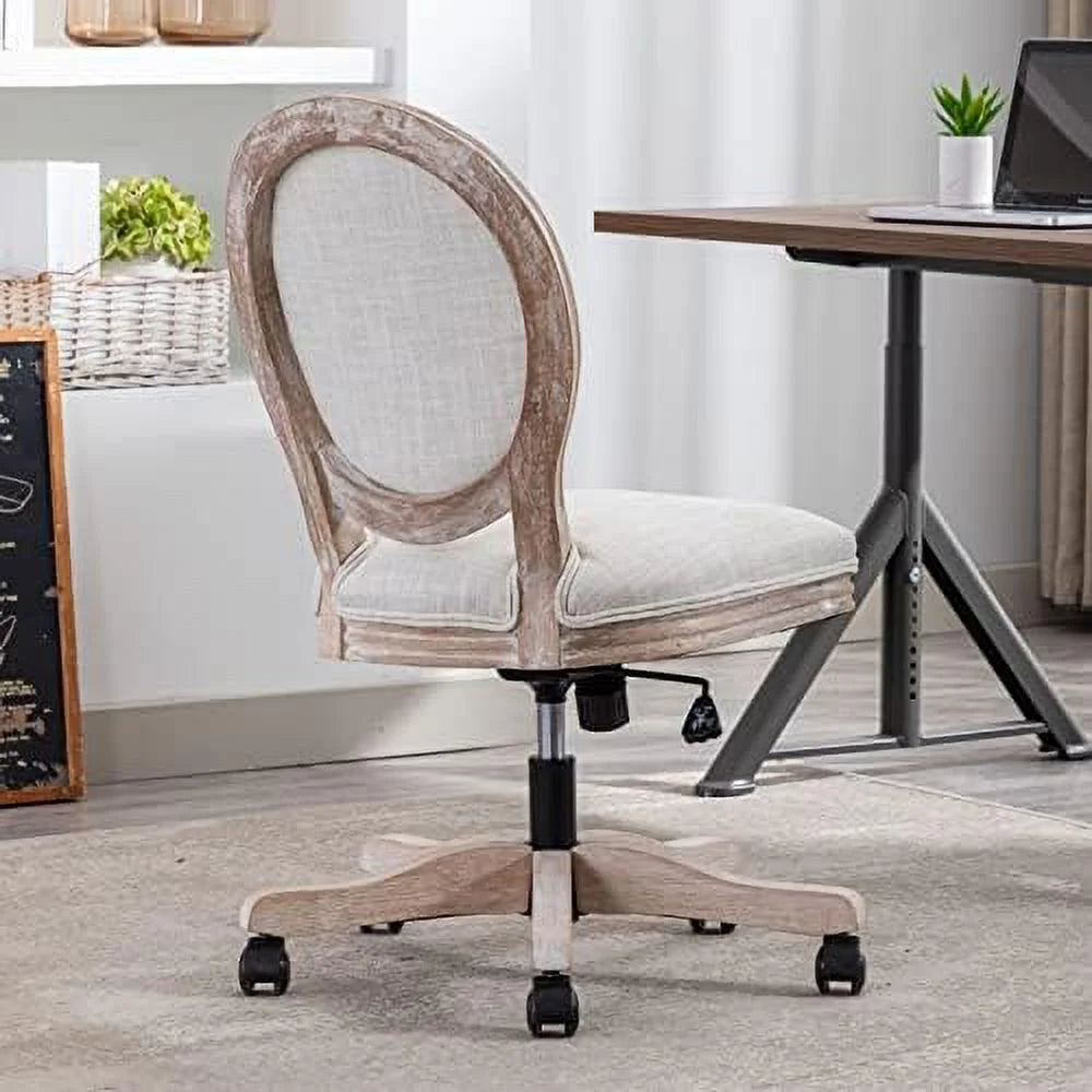 Beige Rattan Back Linen Swivel Task Chair with Wheels H8715
