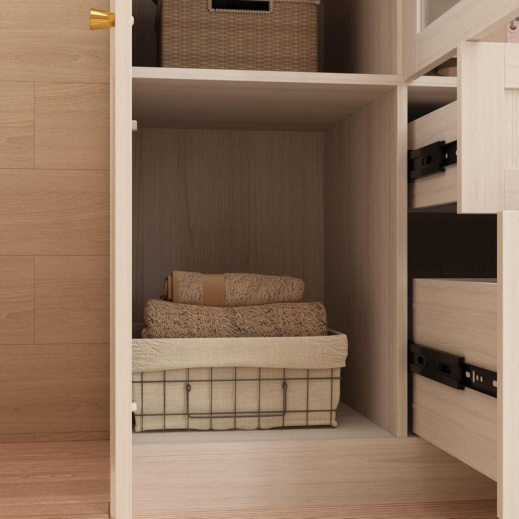 Warm Grey Wooden Armoire Wardrobe Closet with 4 Frosted Glass Doors N7689