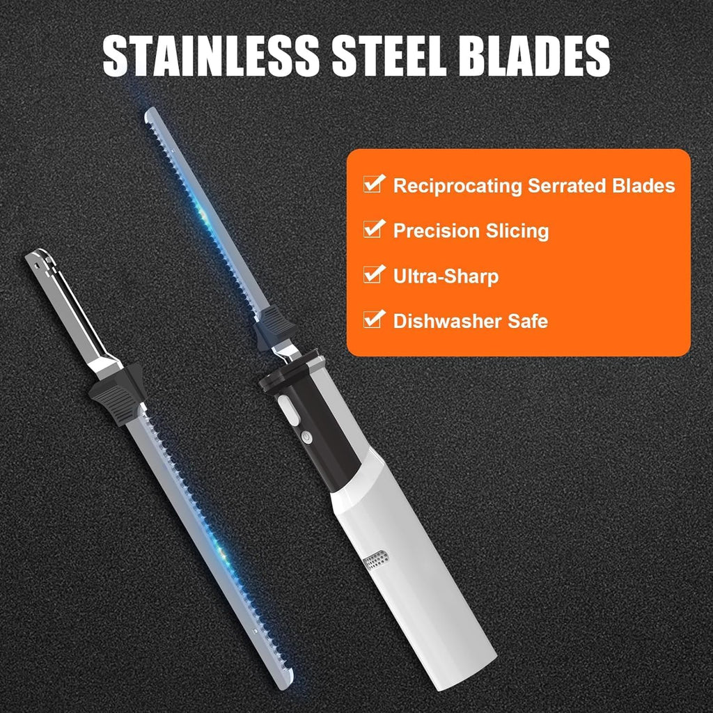 Cordless Electric Meat Carving Knife with 2 Serrated 8” Stainless Steel Blades W84318