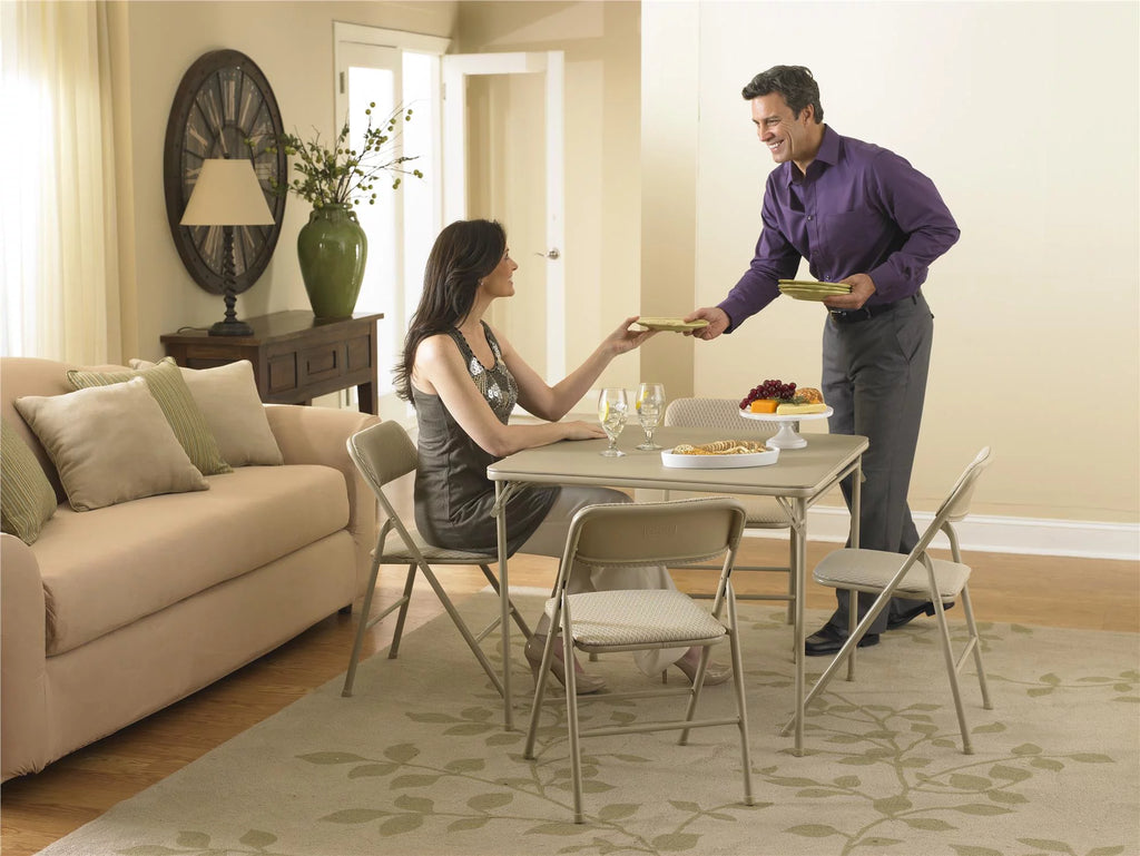 5-Piece Folding Dining Set with Card Table and 4 Fabric Padded Chairs Tan L693