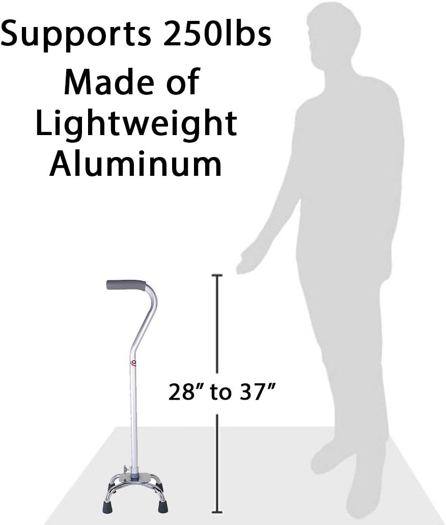 Quad Cane with Small Base, Offset Handle, Adjustable Height, Grey/Silver X55053