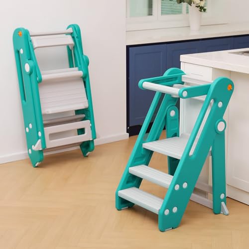 Foldable Adjustable Toddler Kitchen Stool with Handles Non-Slip Blue Grey M586