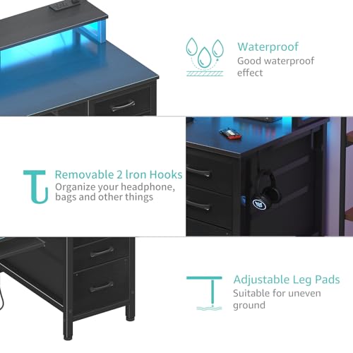 Rustic Brown Computer Desk with File Drawers Cabinet, Keyboard Tray, LED Lights and Power Outlets, Monitor Stand X53160