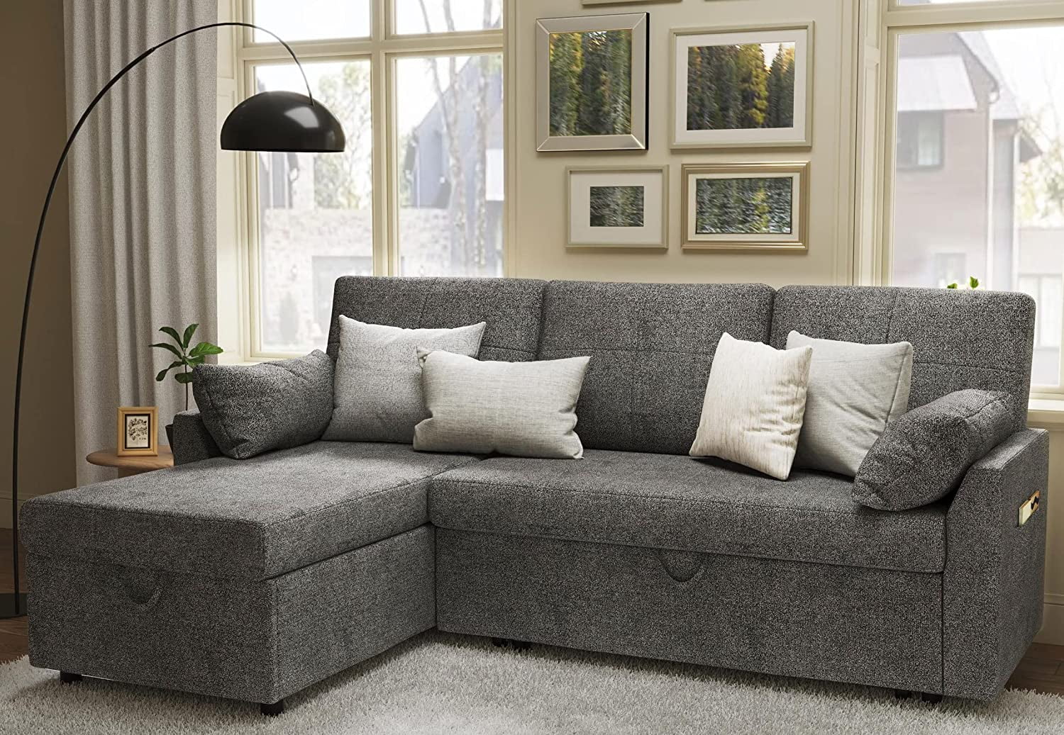 Gray Chenille Sleeper Sofa with Storage Chaise H5086