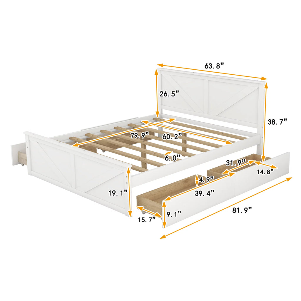 White Queen Platform Bed Frame with 4 Storage Drawers K547