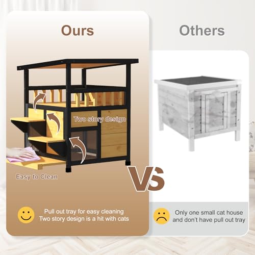 Outdoor Cat House Weatherproof Two Story Feral Cat Shelter with Escape Door Wood Dog Condo for Small Medium Pets Pull-Out Bottom Scratching Mat Included Black and Earthy Yellow F892775
