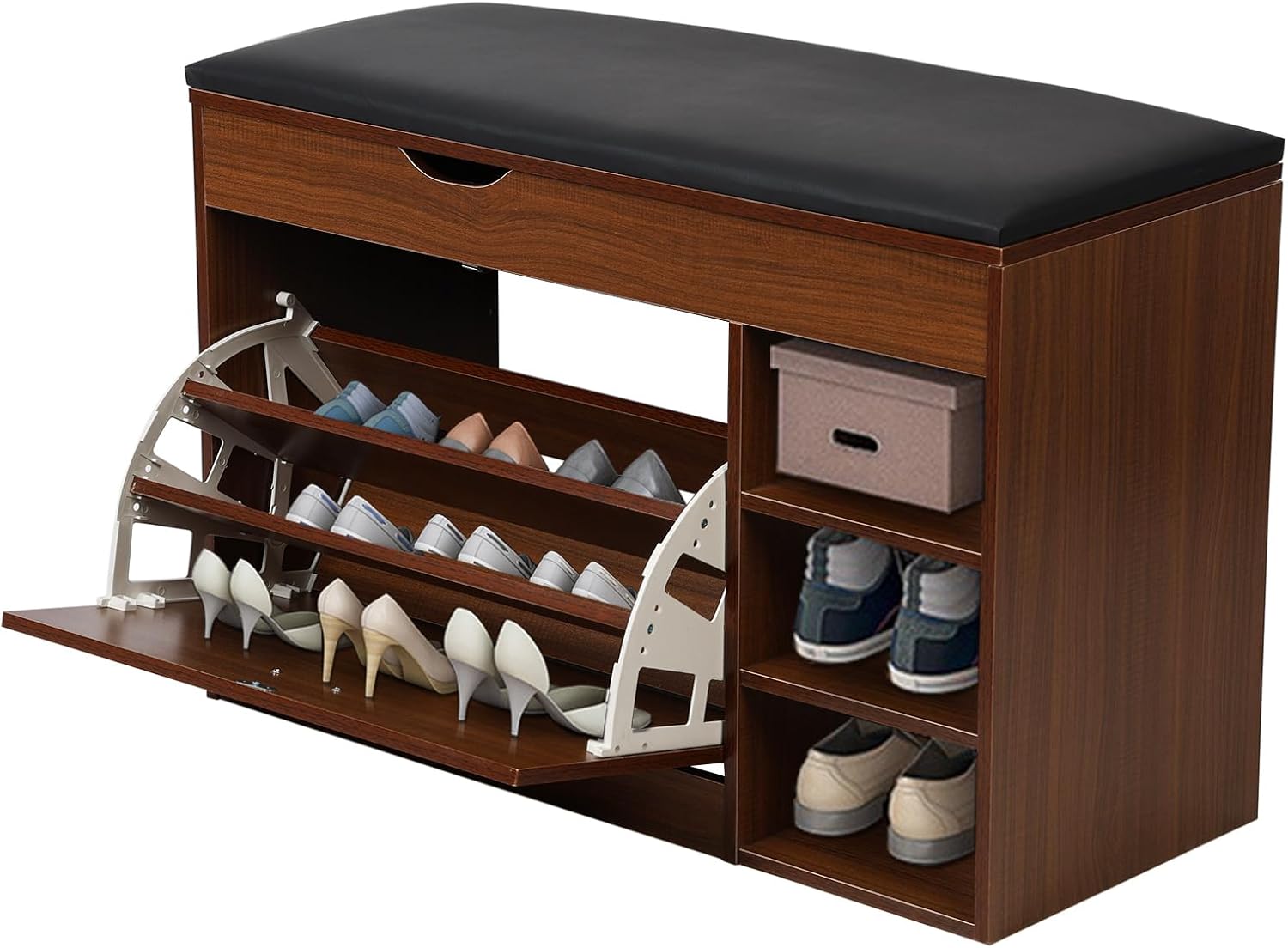 3 Tiers Storage Bench with Padded Seat Cushion Q707816