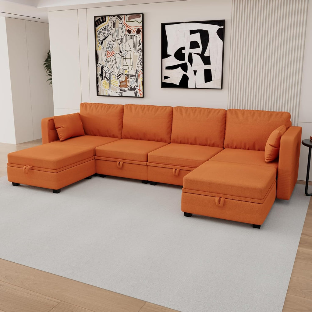 Orange U Shaped Modular Sectional Sofa with Storage Seat O9146