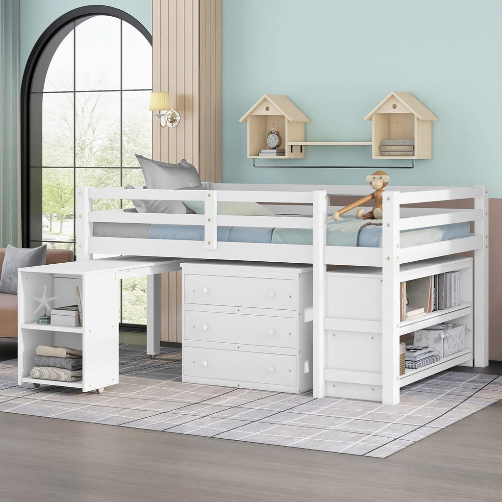 White Full Size Wood Loft Bed with Desk G75450