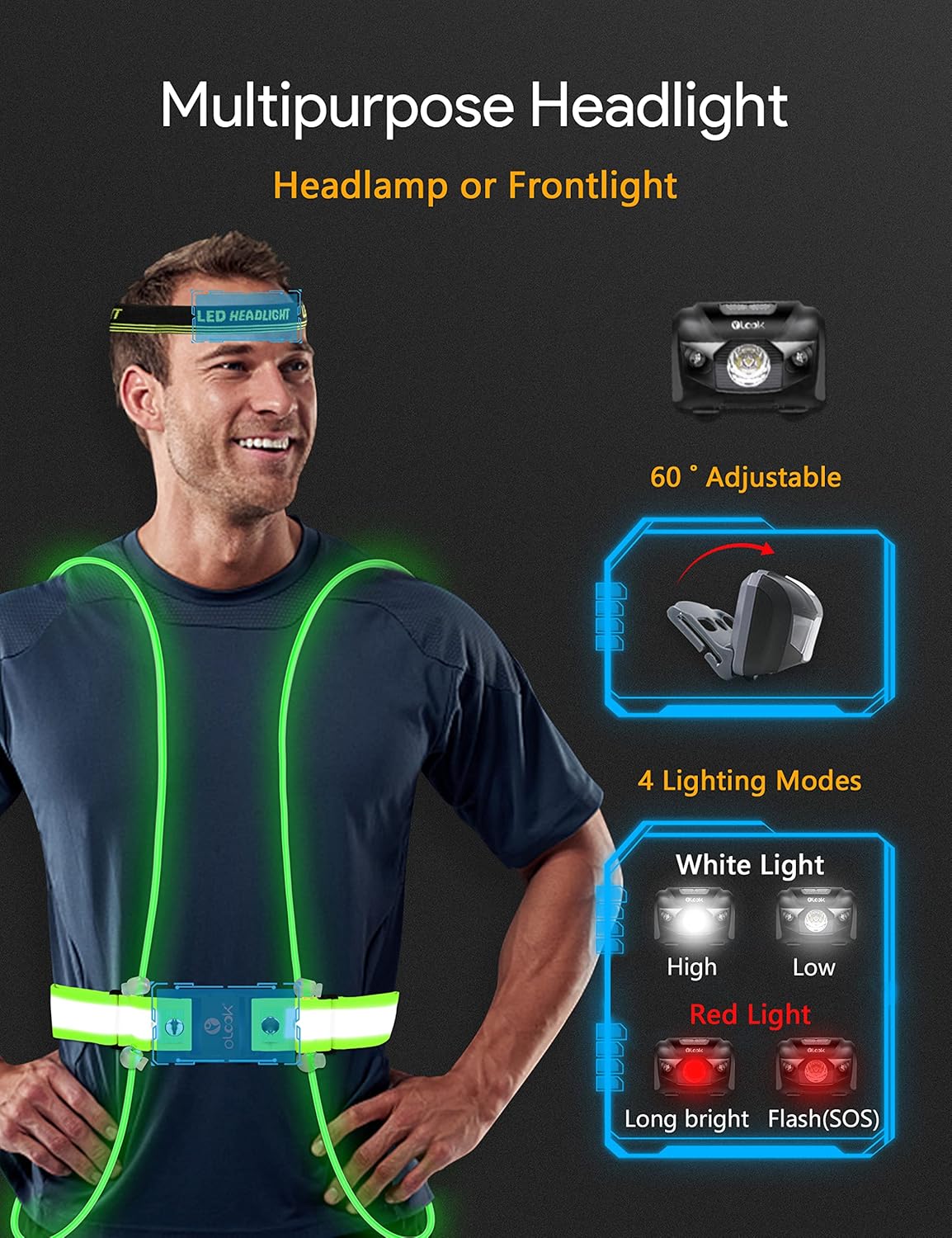High Visibility LED Light Up Vest, 360° Reflective Safety Gear, Rechargeable Waterproof, L-Green K44241