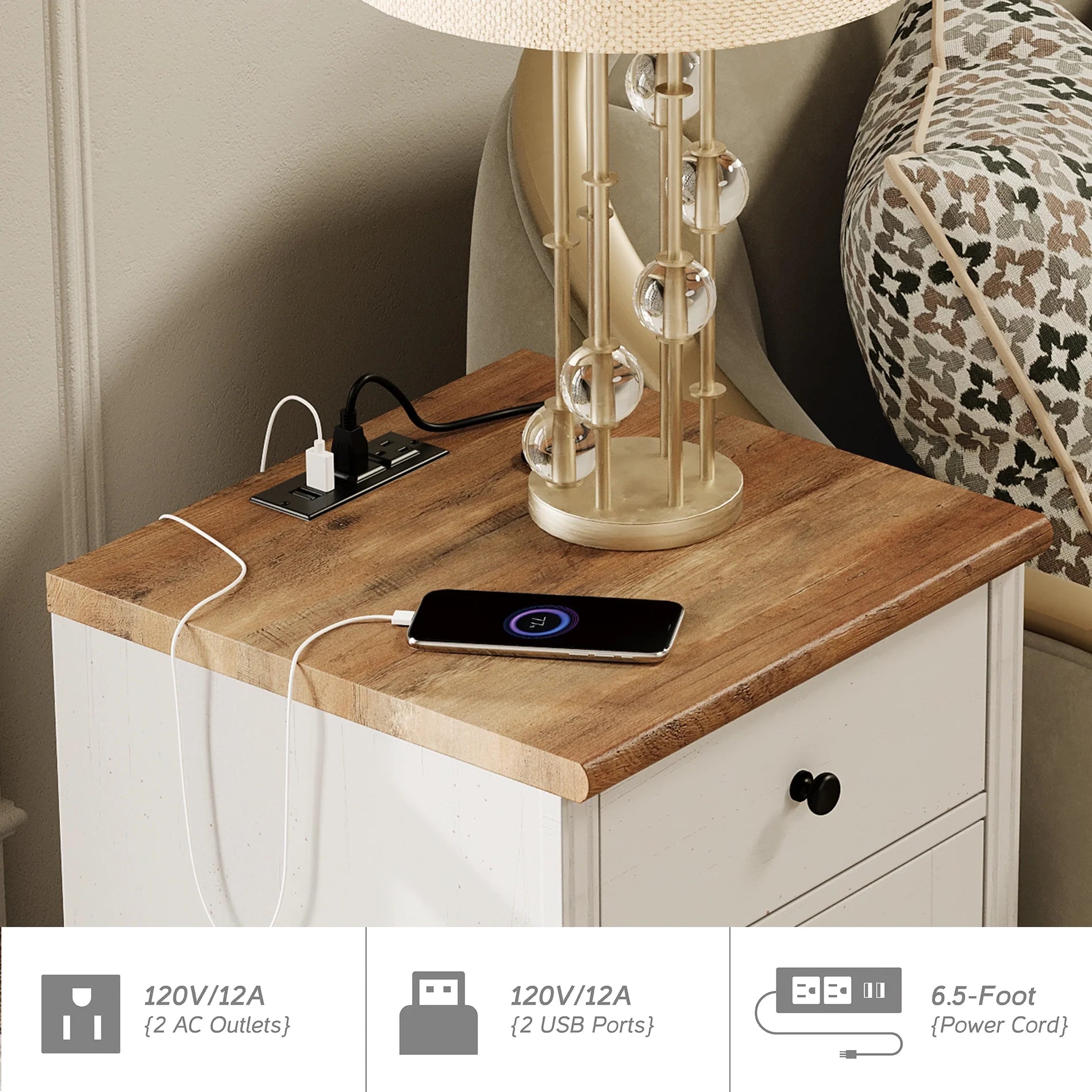 Off-White Wood Nightstand with Drawer and Charging Station K13241