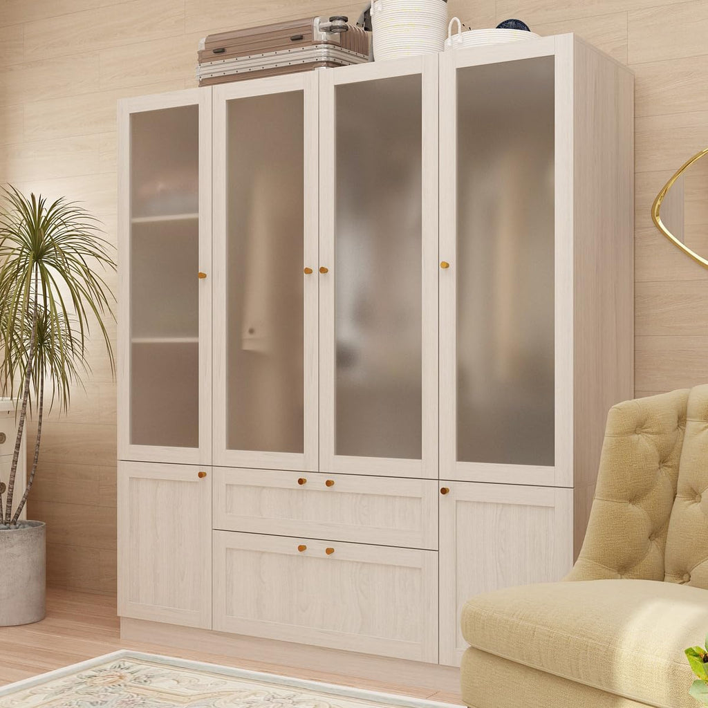 Warm Grey Wooden Armoire Wardrobe Closet with 4 Frosted Glass Doors N7689