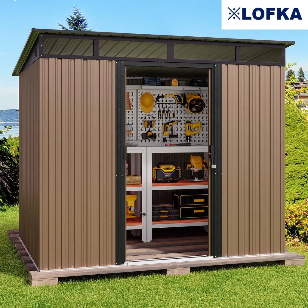 Light Brown 8'x6' Outdoor Storage Shed with Sliding Doors S228