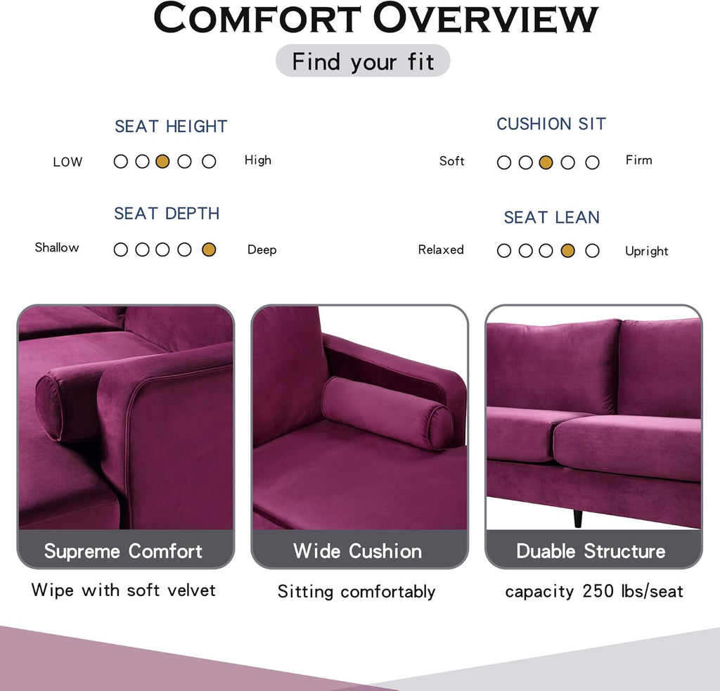 Purple Velvet Sectional Sofa Set with 2 Pillows V4845