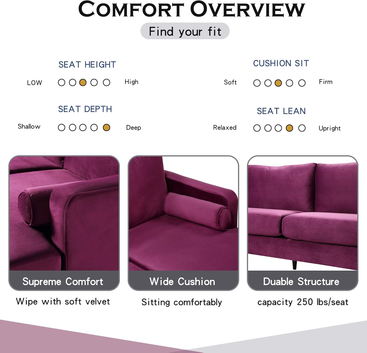 Purple Velvet Sectional Sofa Set with 2 Pillows V4845