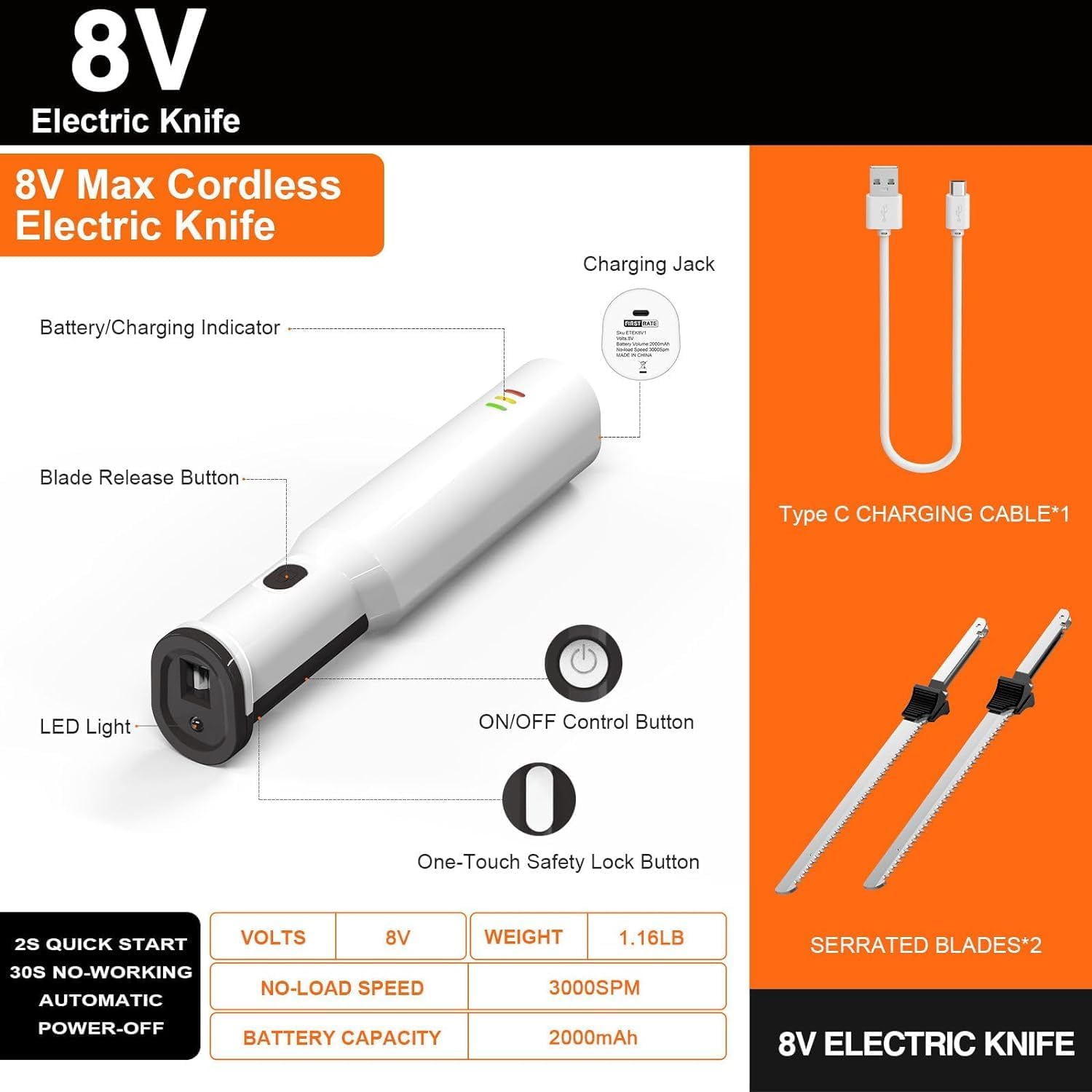 Cordless Electric Meat Carving Knife with 2 Serrated 8” Stainless Steel Blades W84318