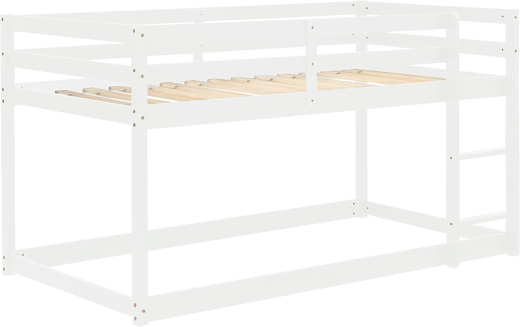 White Twin Over Twin Loft Bed Wooden Bed Frame with Safety Guardrail and Ladder B891893