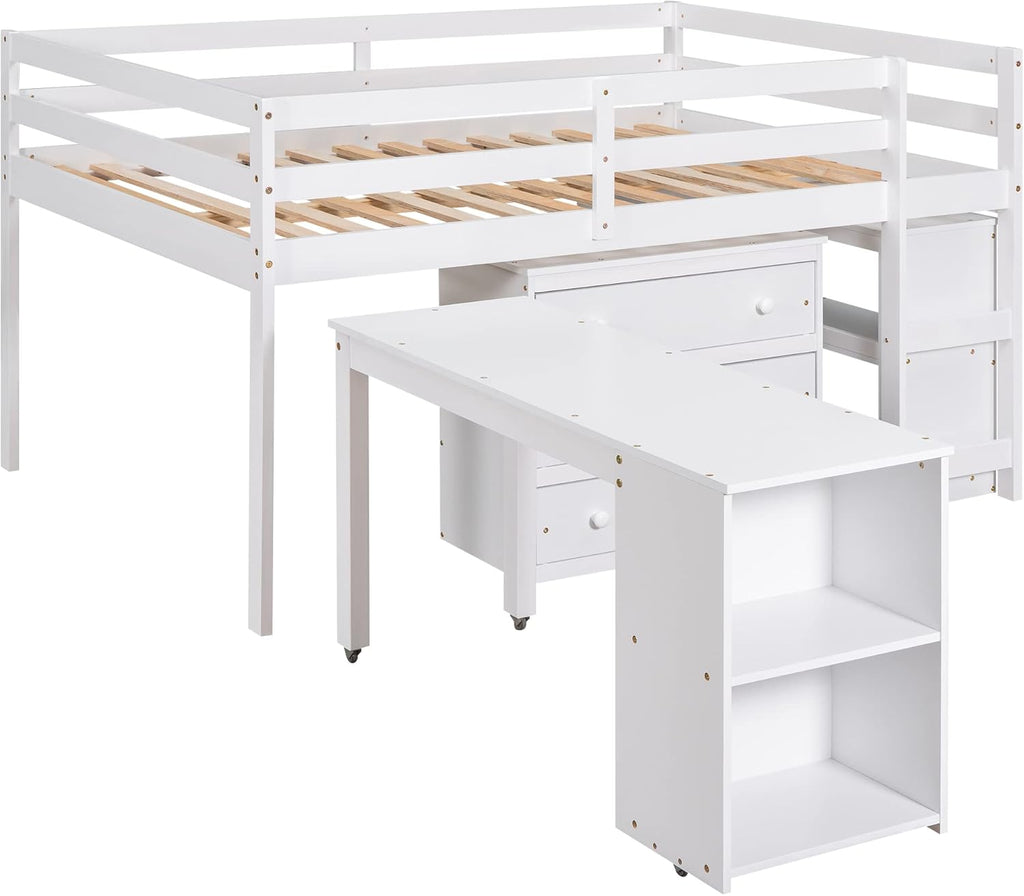 White Full Size Wood Loft Bed with Desk G75450