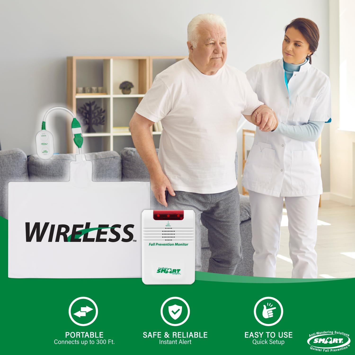 Wireless Chair Exit Alarm with Weight Sensing Pad - 10"x15" Pressure Sensor and Cordless Chair Alarm up to 300' Range W877