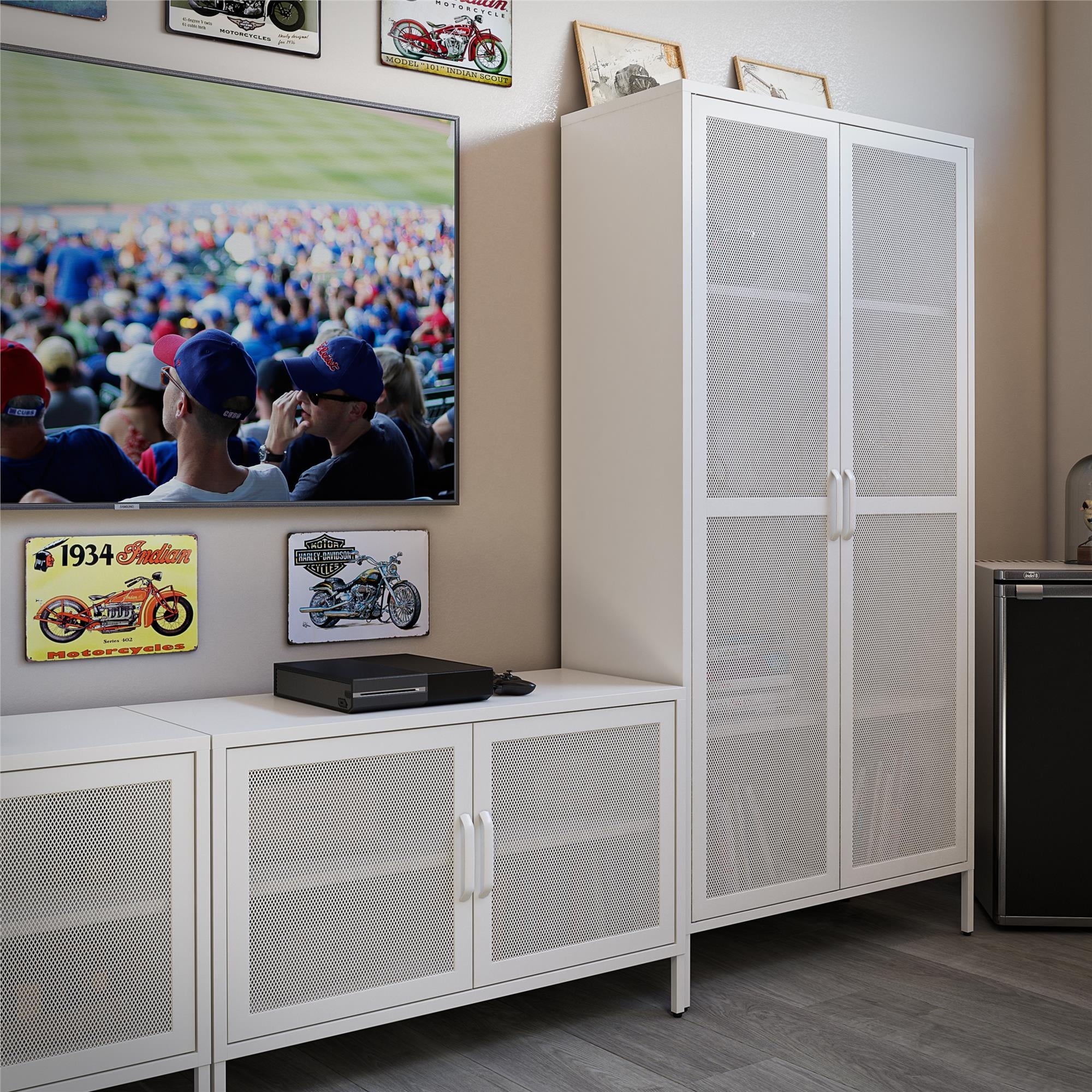2 Door Tall Metal Locker Style Storage Cabinet with Mesh Metal Doors, Soft White V254
