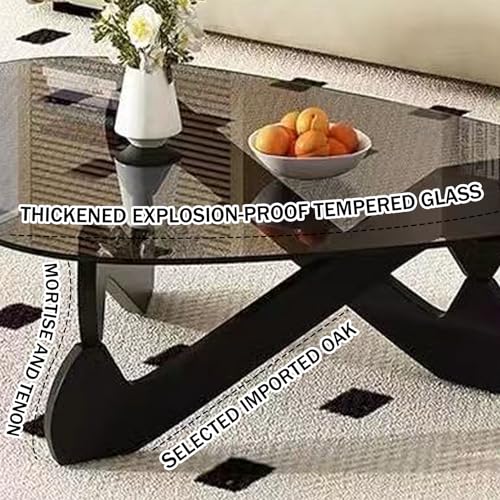Black-Transparent Glass Coffee Table with Solid Wood Base D1554