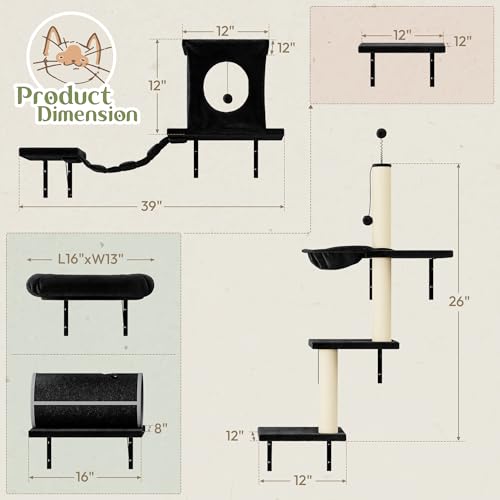 Black 7-in-1 Wall Mounted Cat Climber Set Y144