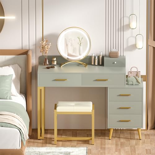 White Vanity Desk with Mirror and Lights, 6 Drawers, Cushioned Stool H69628