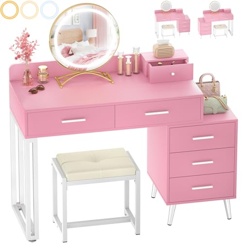 White Vanity Desk with Mirror and Lights, 6 Drawers, Cushioned Stool H69628