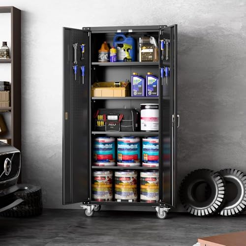 73''H Black Metal Garage Storage Cabinet with 2 Doors and 4 Adjustable Shelves Y310