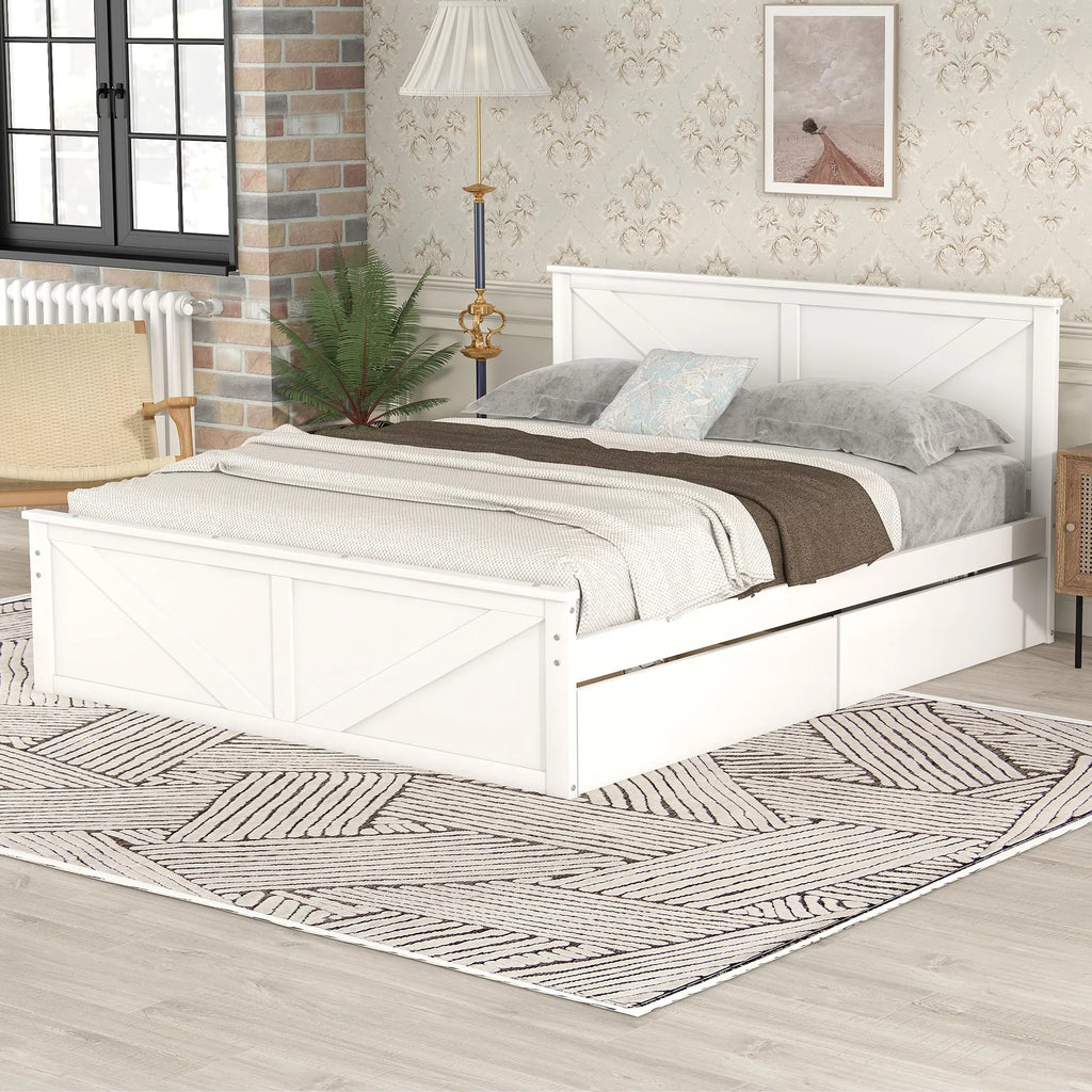 White Queen Platform Bed Frame with 4 Storage Drawers K547