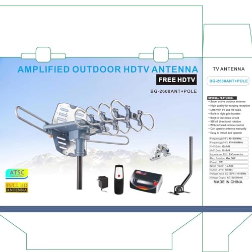 Outdoor TV Antenna, Long Range, 360° Rotation, 4K 1080P VHF UHF, with Remote and 40ft RG6 Coax Cable P8444
