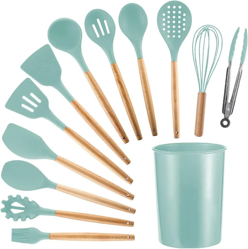 11 Pcs Non-Stick Silicone Cooking Utensils Set with Wooden Handle (Light Green) B581772