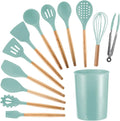 11 Pcs Non-Stick Silicone Cooking Utensils Set with Wooden Handle (Light Green) B581772