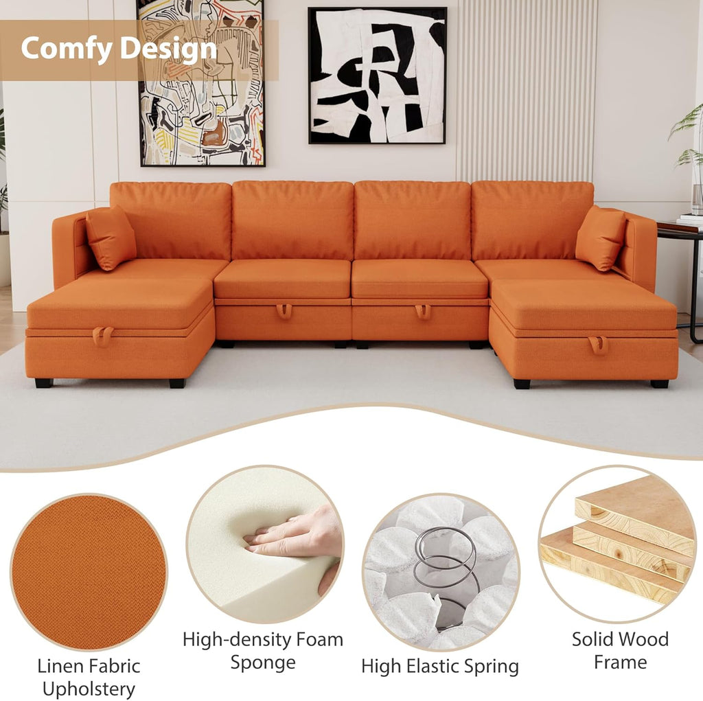 Orange U Shaped Modular Sectional Sofa with Storage Seat O9146
