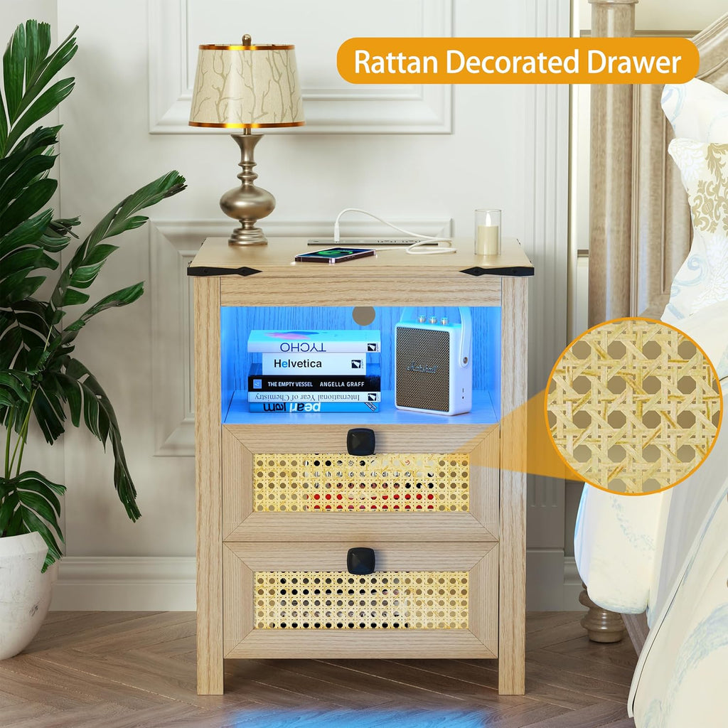 Natural Wood Nightstand Set of 2 with Charging Station H48598