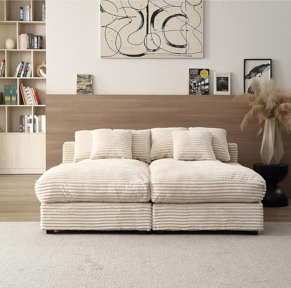Oversized Corduroy Upholstered Chaise Lounge Sofa with Throw Pillow E505697