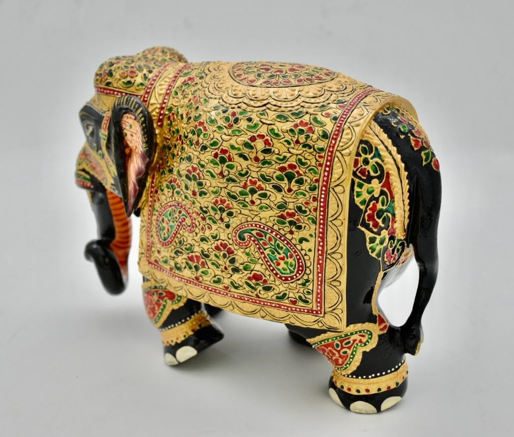 8 Inch Handmade Wooden Elephant Statue with Gold Foil O259240