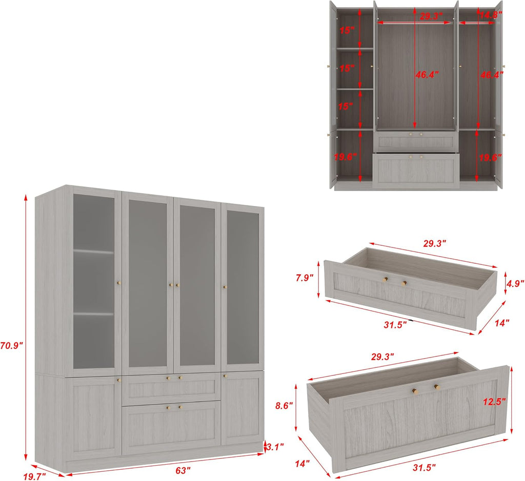 Warm Grey Wooden Armoire Wardrobe Closet with 4 Frosted Glass Doors N7689