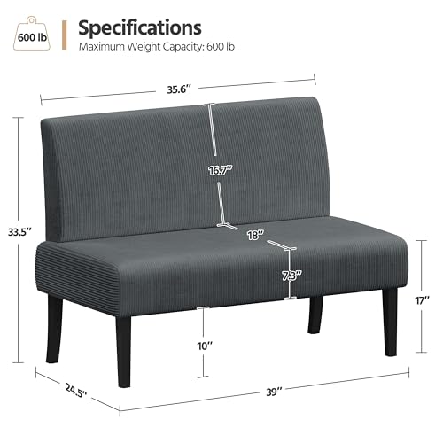 Small Comfy Sofa Mini Loveseat Couch 2-Seater Armless Sofa Chair, Corduroy Fabric, Dark Gray K215