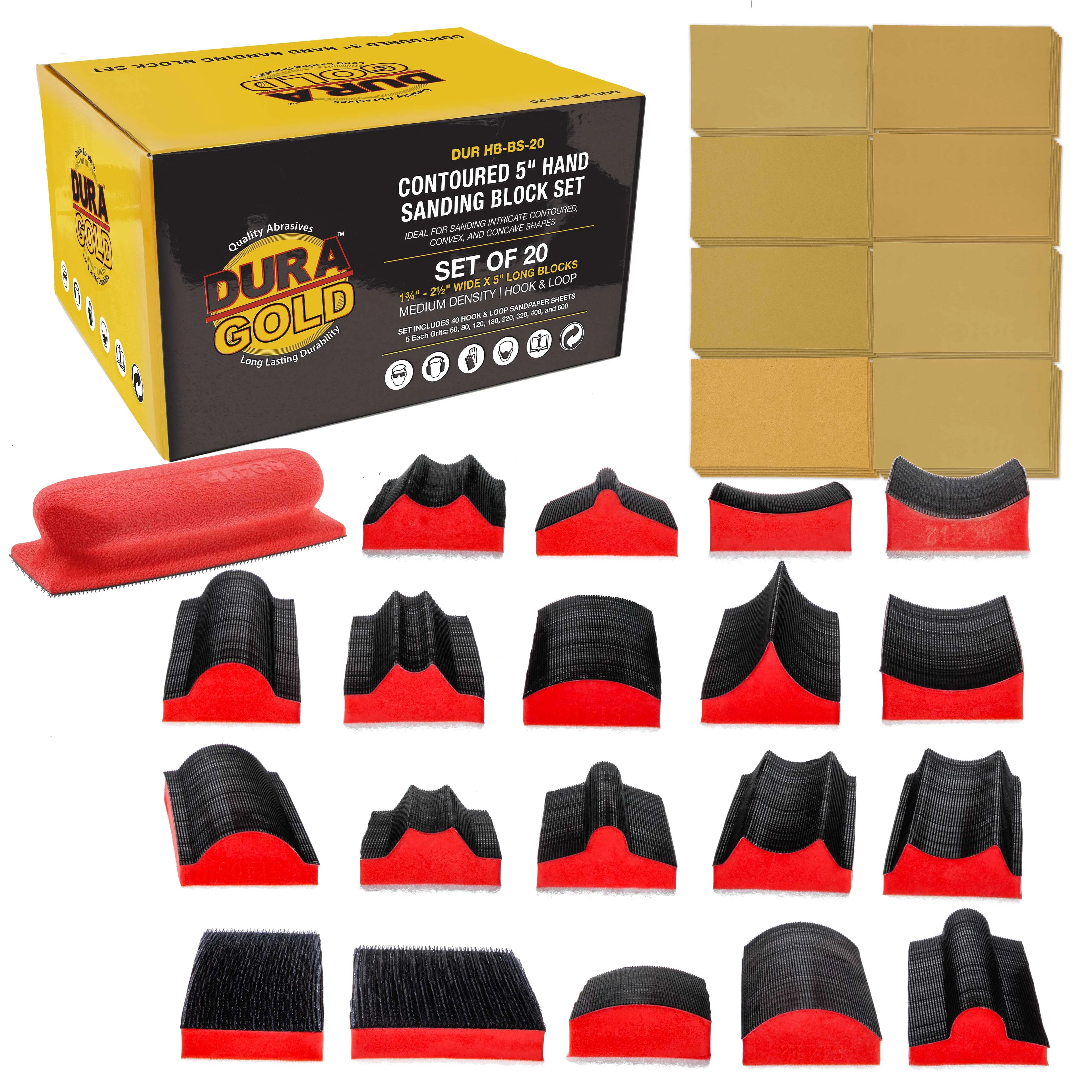 20-Piece 5" Hand Sanding Block Set with 40 Sheet Hook & Loop Sandpaper Kit V8153