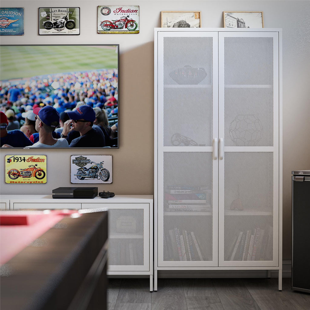 2 Door Tall Metal Locker Style Storage Cabinet with Mesh Metal Doors, Soft White V254