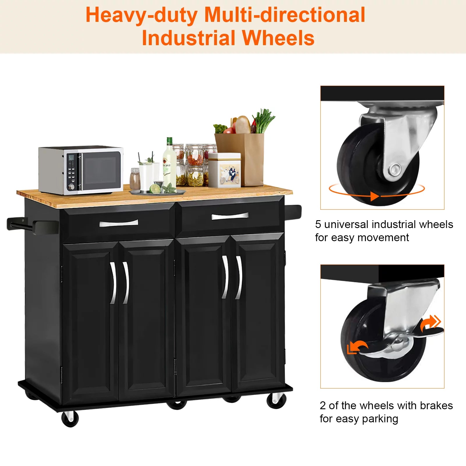 Black Rubber Wood Top Kitchen Island with Drawers and Storage Cabinet S11325